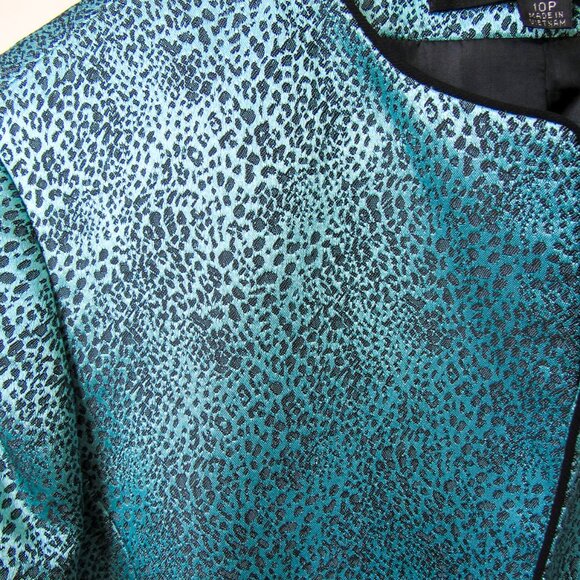 VINTAGE KASPER TEAL LEOPARD ANIMAL PRINT SATIN BLAZER JACKET Size-10 petite - Picture 4 of 9